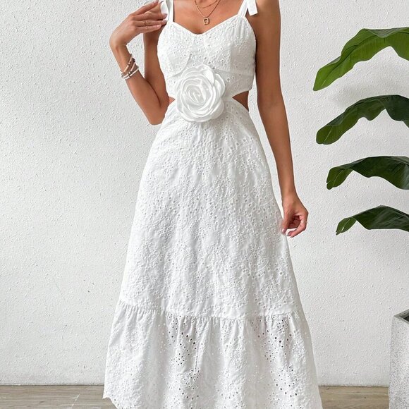 White Casual Women's Halterneck Backless Dress With Waist Tie - Picture 6 of 6